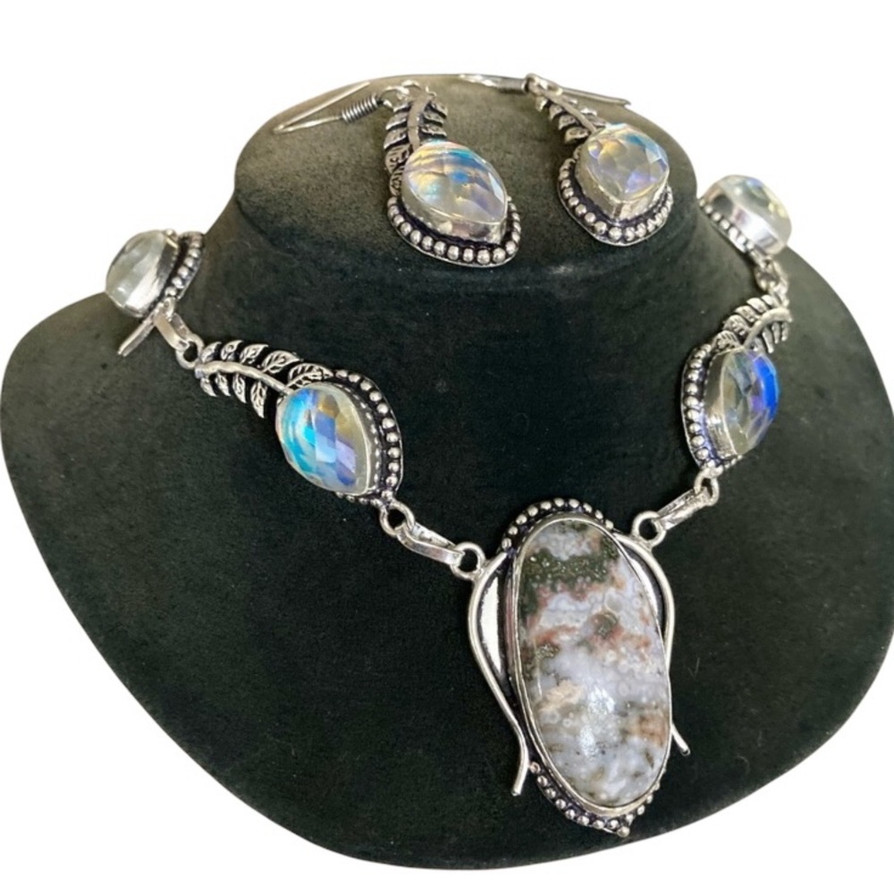 Ocean jasper iridescent opalite stones boho leaf design set necklace + earrings - Picture 2 of 16